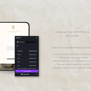 May include: A digital RSVP form interface displayed on a tablet and a smaller window. The interface is black and white with the text "Interactive RSVP Form Included" and "Collect guest responses digitally". The Canva logo is in the upper right corner.