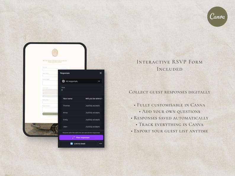 May include: A digital RSVP form interface displayed on a tablet and a smaller window. The interface is black and white with the text "Interactive RSVP Form Included" and "Collect guest responses digitally". The Canva logo is in the upper right corner.