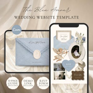 Puede incluir: Diseño de plantilla de sitio web de bodas. La imagen muestra un sobre azul claro con ribete de encaje y un sello de cera, un teléfono inteligente que muestra gráficos temáticos de bodas y el texto "The Bleu Amour WEDDING WEBSITE TEMPLATE". Incluye "11-PAGE GUIDE INCLUDED".