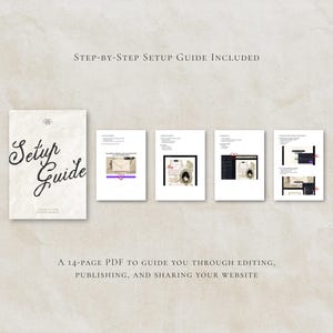 May include: A 14-page PDF setup guide document featuring a cover page with the text Setup Guide and four interior pages displaying instructional steps, screenshots, and diagrams for editing, publishing, and sharing a website design.