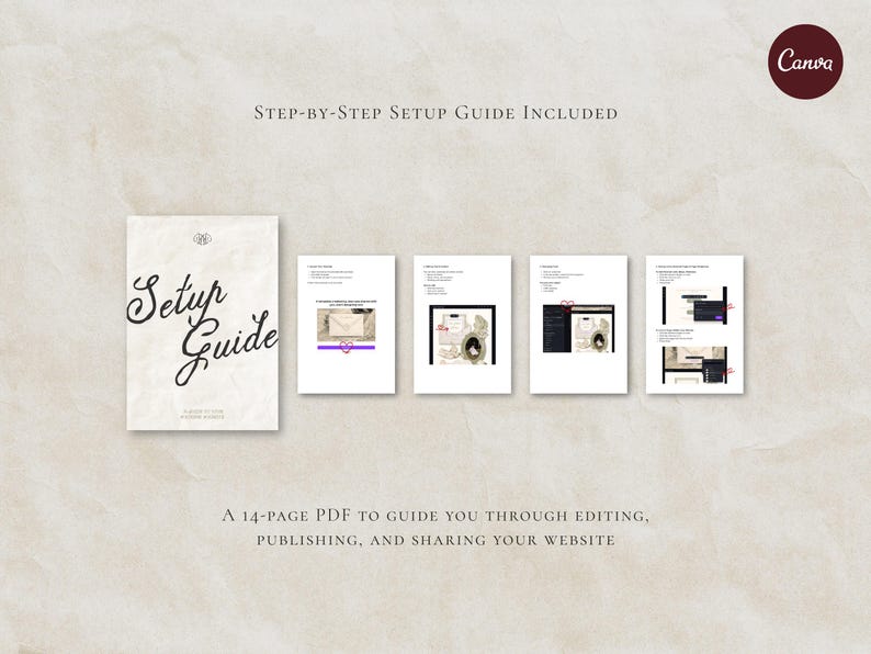 May include: A 14-page PDF setup guide document featuring a cover page with the text Setup Guide and four interior pages displaying instructional steps, screenshots, and diagrams for editing, publishing, and sharing a website design.