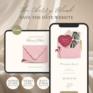 Könnte beinhalten: Eine digitale Save-the-Date-Website-Vorlage mit dem Titel The Cherry Blush, die eine rosa Umschlag-Grafik, eine herzförmige Karte und Fotoplatzhalter zeigt. Die Benutzeroberfläche enthält Text wie A Love Letter From Clara & Elliot und We're getting Married.