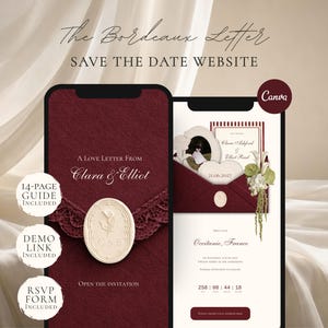 May include: A digital wedding invitation design on two smartphones. The design features burgundy and cream colors, with the text "The Bordeaux Letter" and "Save the Date Website." One phone displays a love letter from Clara & Elliot, and the other shows event details.