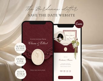 Modèle de site Web « Réservez la date » de Bourgogne | Faire-part de mariage numérique avec RSVP | Téléchargement instantané