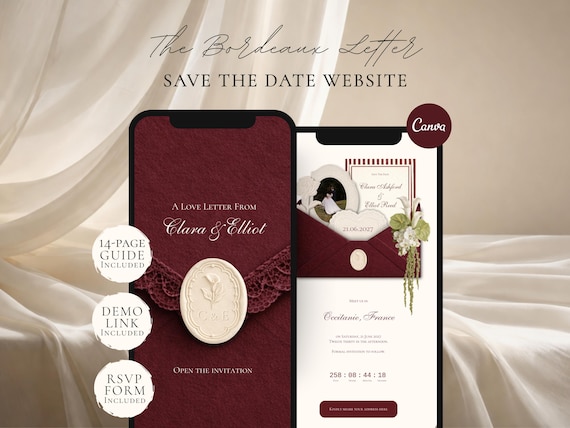 Burgundy Save the Date Website Template | Digital Wedding Invitation with RSVP | Instant Download