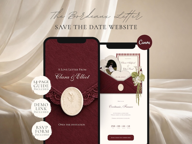 Burgundy Save the Date Website Template | Digital Wedding Invitation with RSVP | Instant Download image 1