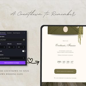 May include: A digital interface showing a wedding countdown design tool. The left panel features date and time settings with a purple button labelled Add countdown to design. The right panel displays a wedding invitation with a countdown timer.