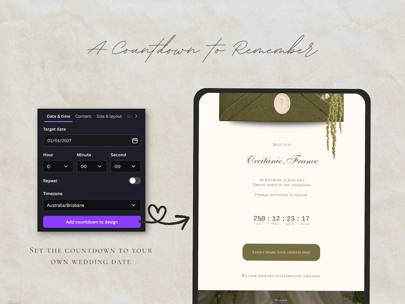 May include: A digital interface showing a wedding countdown design tool. The left panel features date and time settings with a purple button labelled Add countdown to design. The right panel displays a wedding invitation with a countdown timer.