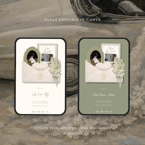May include: Two digital wedding invitation designs. One is on a white background, the other on a green background. Each features a photo, an envelope, and floral accents. The text reads "Save the Date" and "Lake Como, Italy". The Canva logo is visible.