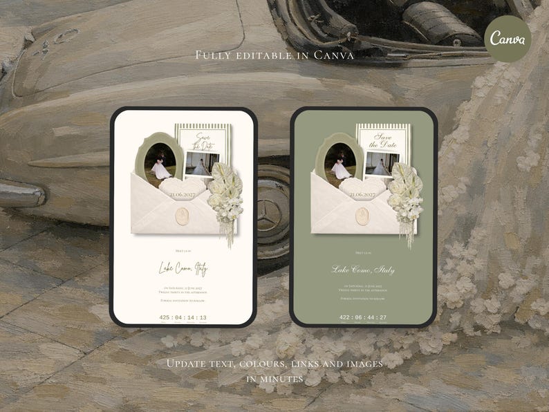 May include: Two digital wedding invitation designs. One is on a white background, the other on a green background. Each features a photo, an envelope, and floral accents. The text reads "Save the Date" and "Lake Como, Italy". The Canva logo is visible.