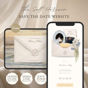 Könnte beinhalten: Eine digitale Save-the-Date-Website-Vorlage mit dem Titel The Soft Horizon, die einen Umschlag mit Wachssiegel, florale Akzente und Fotorahmen zeigt. Die mobile Oberfläche enthält Veranstaltungsdetails, einen Countdown und eine Schaltfläche.