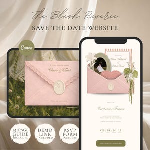 Puede incluir: Diseño digital de invitación de boda. Se muestra un sobre rosa con ribete de encaje y un sello de cera. El texto dice "The Blush Reverie" y "Save the Date Website". Un teléfono móvil muestra el diseño.