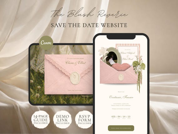 Save the Date Website Template | Blush & Sage Digital Invitation with RSVP | Instant Download