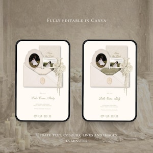 May include: Two identical digital templates featuring a cream-colored envelope graphic containing a small oval frame, a rectangular photo, a heart-shaped card, and dried floral accents. The text reads Fully Editable in Canva, Save the Date, Lake Como, Italy, and Update, text, colours, links and images in minutes.