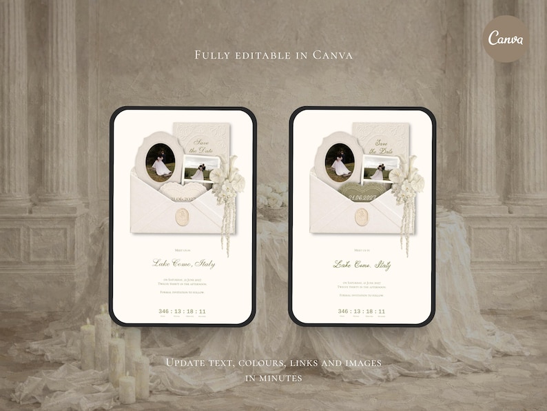 May include: Two identical digital templates featuring a cream-colored envelope graphic containing a small oval frame, a rectangular photo, a heart-shaped card, and dried floral accents. The text reads Fully Editable in Canva, Save the Date, Lake Como, Italy, and Update, text, colours, links and images in minutes.