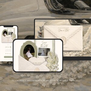 May include: A digital wedding invitation design displayed on a smartphone, tablet, and laptop. The design features a photo, the text "Save the Date," and the date 21.06.2027. The invitation is in a soft, neutral color palette with floral accents.