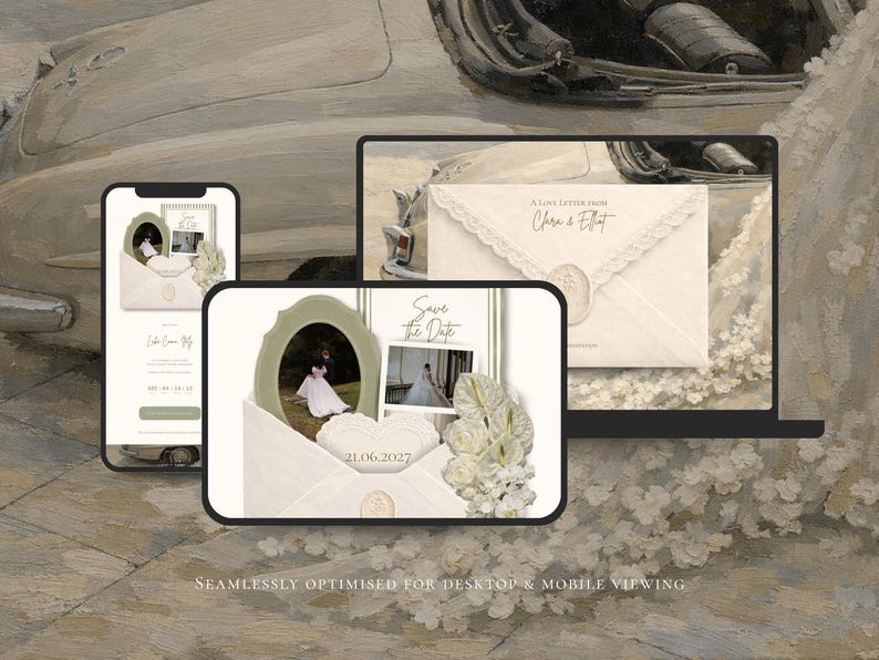May include: A digital wedding invitation design displayed on a smartphone, tablet, and laptop. The design features a photo, the text "Save the Date," and the date 21.06.2027. The invitation is in a soft, neutral color palette with floral accents.