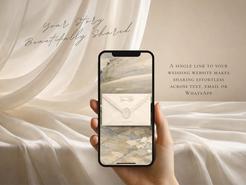 May include: A smartphone displays a wedding invitation design with a cream-colored envelope and a wax seal. The phone is held against a backdrop of draped fabric. Text on the screen reads "Your Story Beautifully Shared."