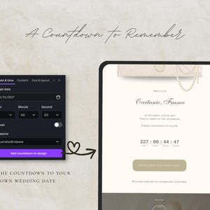 Puede incluir: Una interfaz digital que muestra un panel de configuraci&oacute;n de cuenta regresiva con una fecha objetivo del 01/01/2027 y una pantalla de vista previa con el texto A Countdown to Remember, Occitanie, France, y un temporizador de 227 d&iacute;as, 00 horas, 44 minutos, 47 segundos.