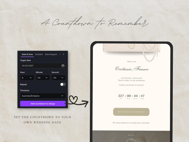 Puede incluir: Una interfaz digital que muestra un panel de configuraci&oacute;n de cuenta regresiva con una fecha objetivo del 01/01/2027 y una pantalla de vista previa con el texto A Countdown to Remember, Occitanie, France, y un temporizador de 227 d&iacute;as, 00 horas, 44 minutos, 47 segundos.