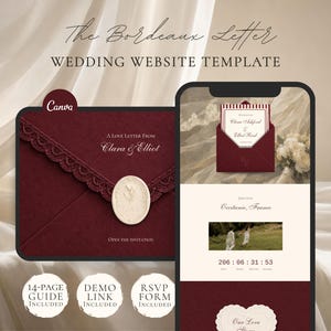May include: A digital wedding website template titled The Bordeaux Letter, featuring a deep burgundy envelope with lace trim and a wax seal, alongside a mobile phone display showing invitation details, event location, and a countdown timer.