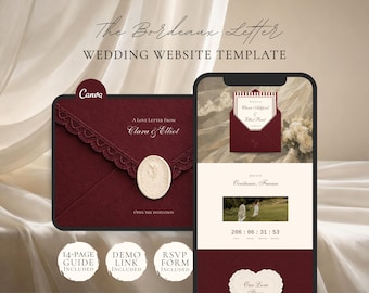 Burgundy Wedding Website Template Canva | Digital Wedding Invitation with RSVP | Instant Download