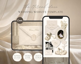 Plantilla de sitio web de boda Canva / Elegante invitación digital color marfil con RSVP / Descarga instantánea