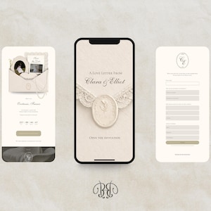 Puede incluir: Tres pantallas de smartphone que muestran una invitaci&oacute;n de boda digital en tonos crema y beige. La interfaz presenta un gr&aacute;fico de sobre, un sello de cera con las iniciales C&E, detalles de encaje y el texto A Love Letter From Clara & Elliot.