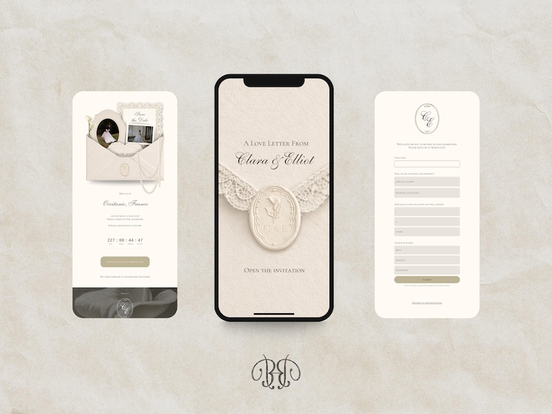 Puede incluir: Tres pantallas de smartphone que muestran una invitaci&oacute;n de boda digital en tonos crema y beige. La interfaz presenta un gr&aacute;fico de sobre, un sello de cera con las iniciales C&E, detalles de encaje y el texto A Love Letter From Clara & Elliot.