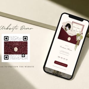 May include: A smartphone displaying a wedding website demo with a dark red envelope graphic, floral accents, and a countdown timer. Next to it, a QR code labeled Website Demo and Scan to Preview the Website, featuring a dark red envelope icon.