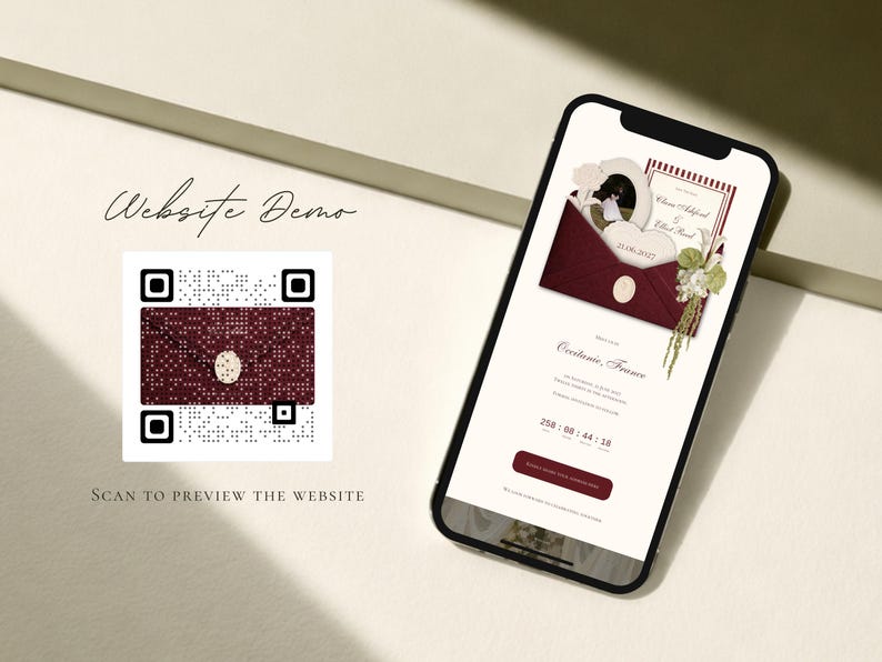 May include: A smartphone displaying a wedding website demo with a dark red envelope graphic, floral accents, and a countdown timer. Next to it, a QR code labeled Website Demo and Scan to Preview the Website, featuring a dark red envelope icon.