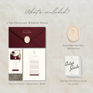 May include: A digital wedding invitation suite featuring a deep burgundy envelope with a cream wax seal, three website page layouts including an invitation, main page, and RSVP, a signature wax seal monogram, and a printed step-by-step setup guide.