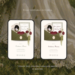 May include: Two identical digital invitation templates featuring an olive green envelope graphic, a red heart, a circular photo frame, and floral accents. The text includes names, dates, and locations like Occitanie, France. Fully editable in Canva.