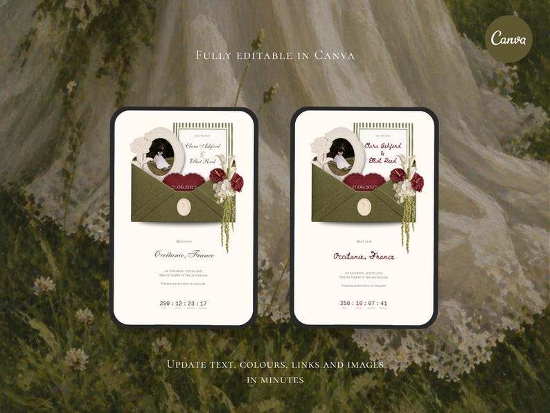 May include: Two identical digital invitation templates featuring an olive green envelope graphic, a red heart, a circular photo frame, and floral accents. The text includes names, dates, and locations like Occitanie, France. Fully editable in Canva.