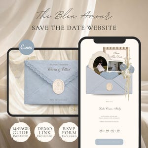 Op de afbeelding: Een digitale Save the Date website template genaamd The Bleu Amour met een lichtblauwe envelop met een waszegel, een foto van een koppel en trouwdetails. Inclusief een gids van 14 pagina's, demolink en RSVP-formulier voor een bruiloft in Italië.