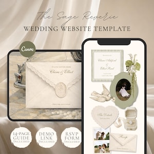 Op de afbeelding: Een trouwwebsite-sjabloon getiteld The Sage Reverie, met een Canva-logo, een envelop met waszegel, een duifillustratie, een saliegroene fotolijst, een hartvormige detailkaart, een ringdoosje en een RSVP-envelop.