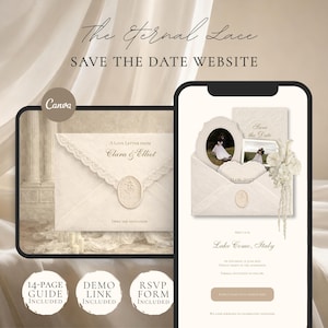 May include: A digital wedding invitation design with the text "The Eternal Lace" and "Save the Date Website." The design features a mock-up of a smartphone and tablet displaying wedding invitation details, including photos, dates, and locations.
