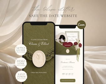 Olive Green Save the Date Website Template | Digital Wedding Invitation with RSVP | Instant Download