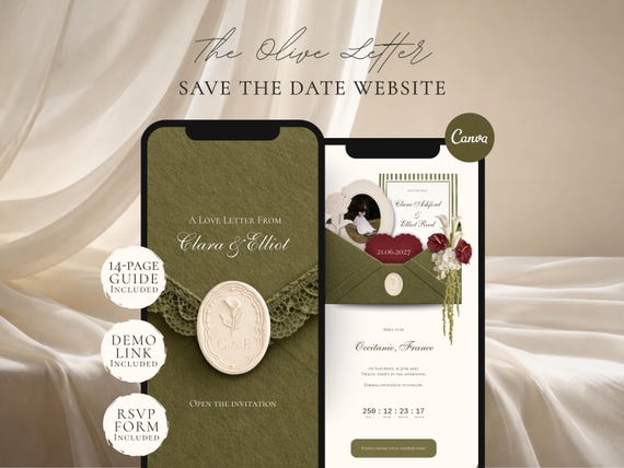 Olive Green Save the Date Website Template | Digital Wedding Invitation with RSVP | Instant Download