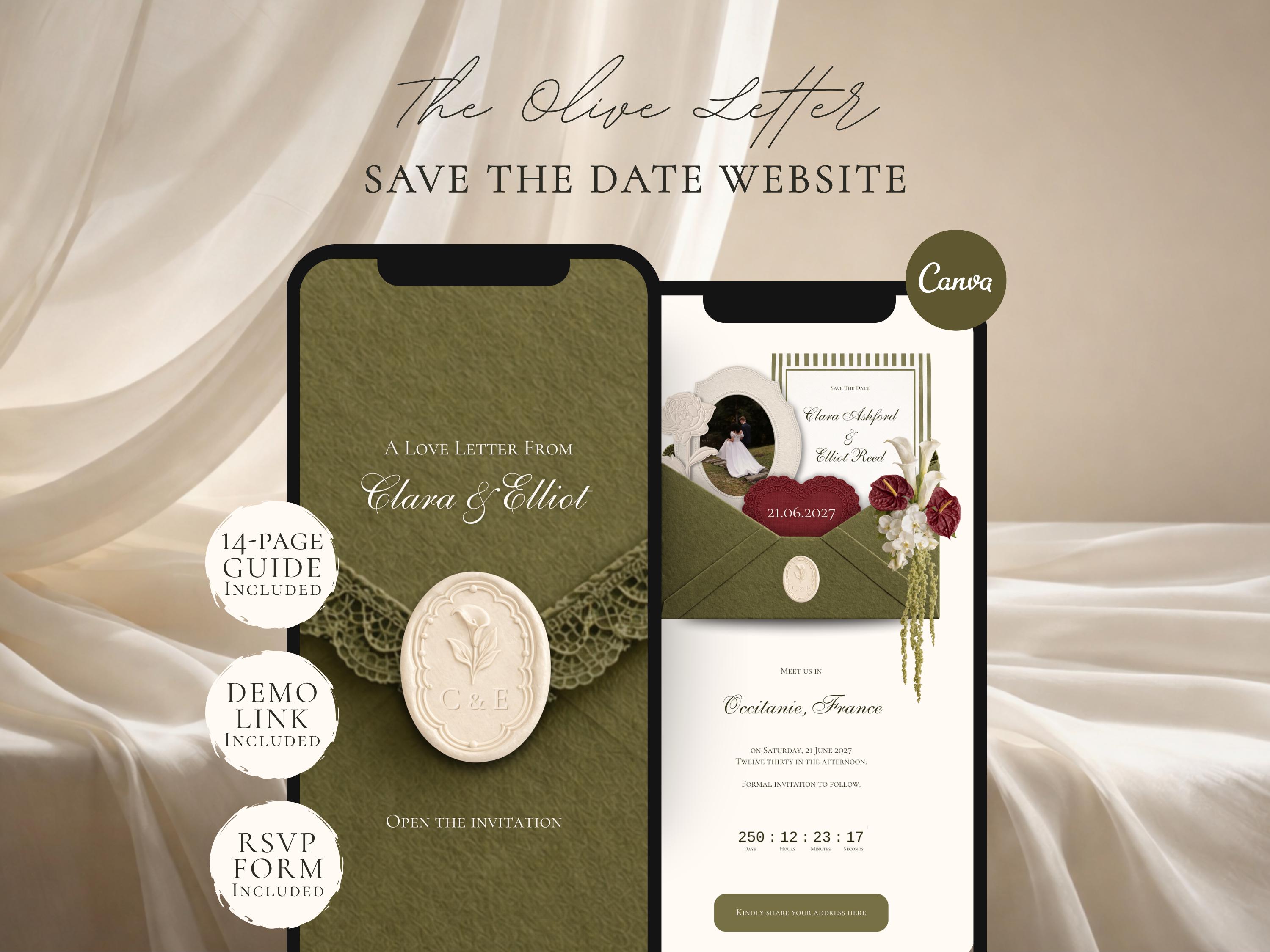 Olive Green Save the Date Website Template | Digital Wedding Invitation with RSVP | Instant Download