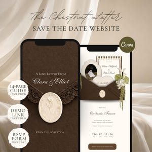 May include: A digital wedding invitation design displayed on two smartphones. The design features a dark brown background with the text "The Chestnut Letter" and "Save the Date Website." One phone shows a love letter design, the other a wedding invitation.