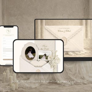 May include: A digital display showing wedding stationery templates on a laptop and smartphone screen. The designs feature cream-colored envelopes with lace trim, wax seals, oval and heart-shaped frames, and photographs of a couple in a field.