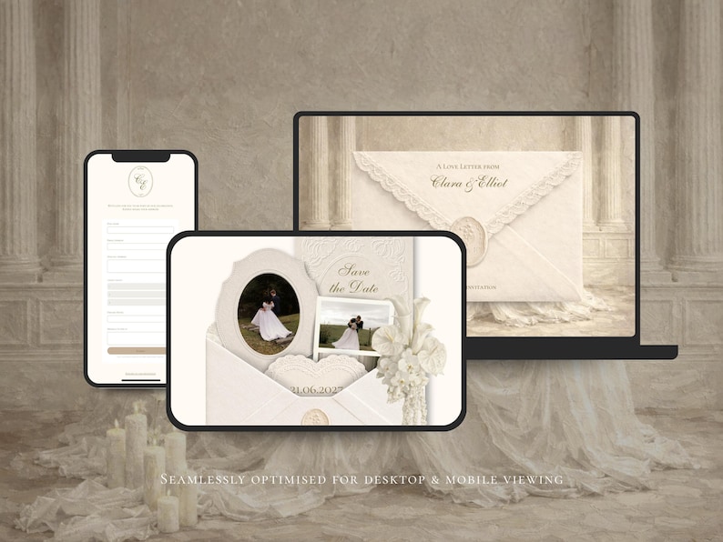 May include: A digital display showing wedding stationery templates on a laptop and smartphone screen. The designs feature cream-colored envelopes with lace trim, wax seals, oval and heart-shaped frames, and photographs of a couple in a field.