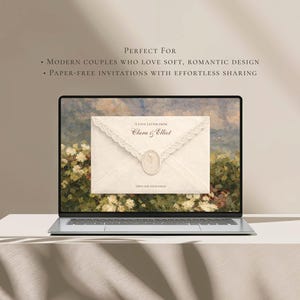 May include: A laptop screen displaying a digital invitation featuring an off-white envelope with lace trim and a wax seal. The text reads A LOVE LETTER FROM Clara & Elliot and OPEN THE INVITATION. The background shows a painting of a floral garden.