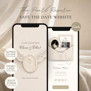 Könnte beinhalten: Design einer digitalen Hochzeitseinladung, angezeigt auf zwei Smartphones. Das Design enthält den Text "The Pearl Reverie" und "Save the Date Website". Ein Bildschirm zeigt einen Liebesbrief von Clara & Elliot, der andere Hochzeitsdetails.