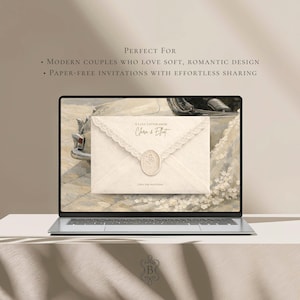 May include: A laptop displays a digital invitation with a vintage aesthetic. The invitation features a cream-colored envelope with lace trim and a wax seal. Text on the screen reads "A Love Letter from Chara & Elft". The laptop sits on a white surface.