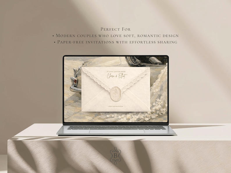 May include: A laptop displays a digital invitation with a vintage aesthetic. The invitation features a cream-colored envelope with lace trim and a wax seal. Text on the screen reads "A Love Letter from Chara & Elft". The laptop sits on a white surface.