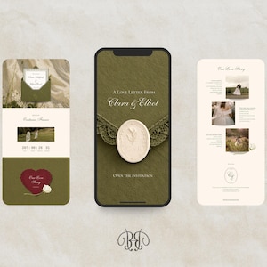 May include: Three smartphone screens displaying a digital wedding invitation suite. The designs feature olive green backgrounds, cream-colored accents, floral wax seals, lace details, and photographic elements with text including A Love Letter From Clara & Elliot.