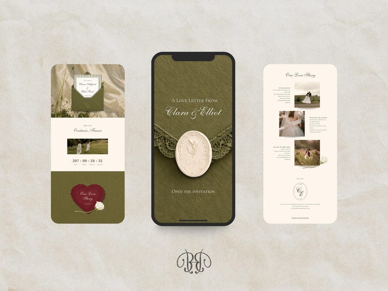 May include: Three smartphone screens displaying a digital wedding invitation suite. The designs feature olive green backgrounds, cream-colored accents, floral wax seals, lace details, and photographic elements with text including A Love Letter From Clara & Elliot.