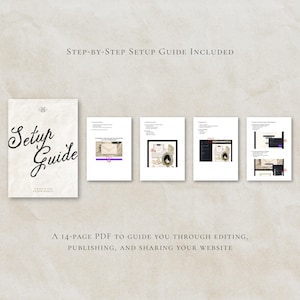 May include: A digital setup guide document featuring a cover page with the text Setup Guide and four interior pages displaying instructional steps, screenshots, and diagrams for website editing, publishing, and sharing, with a Canva logo.